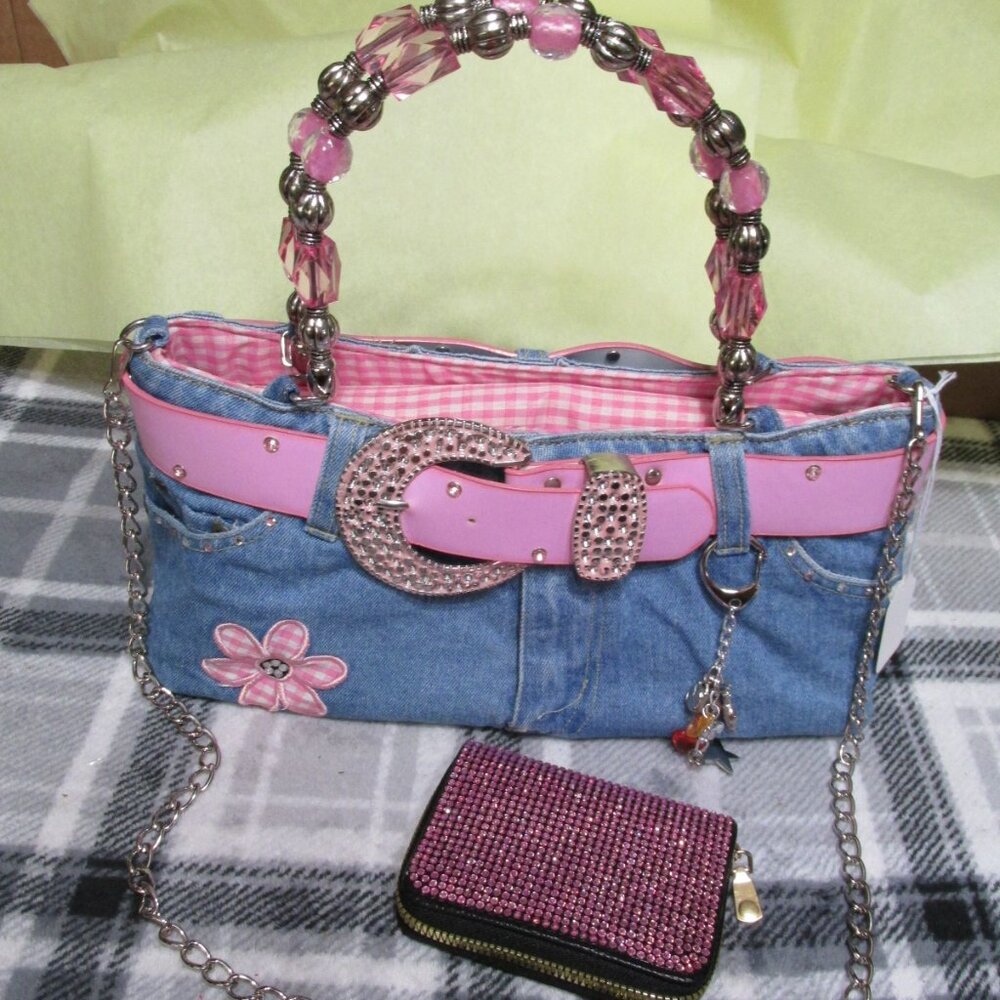P2378-BOOTY Bag Pink Gingham with Pink Rhinestone Wallet